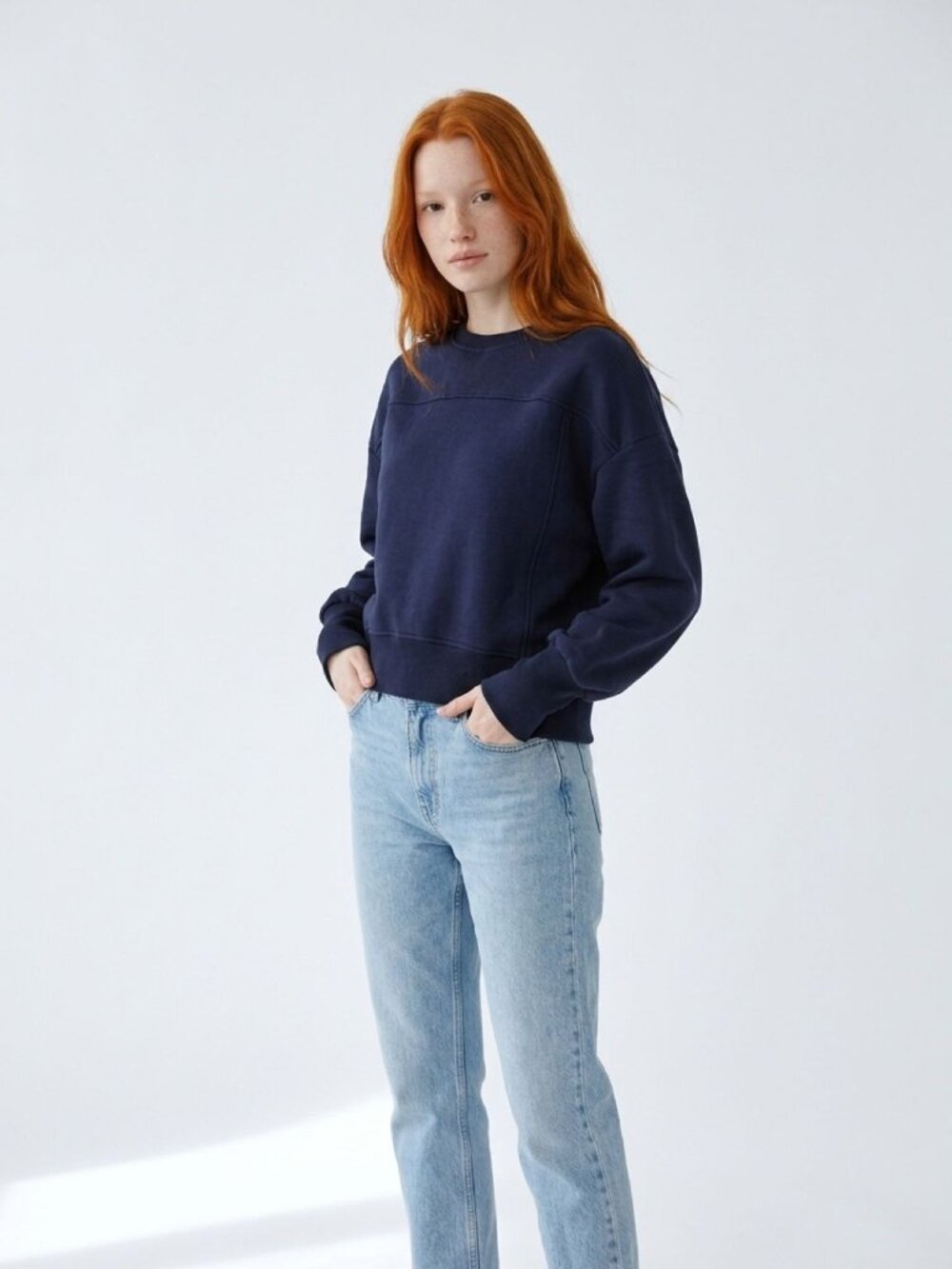 BTFBM Womens Oversized Small Navy Blue Crewneck Sweatshirt Casual Pullover Cotto